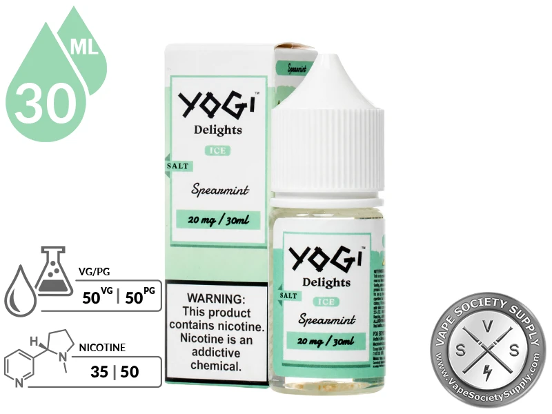 Spearmint Delights YOGI SALTS 30ml specifications showing 50VG/50PG blend and nicotine strengths.