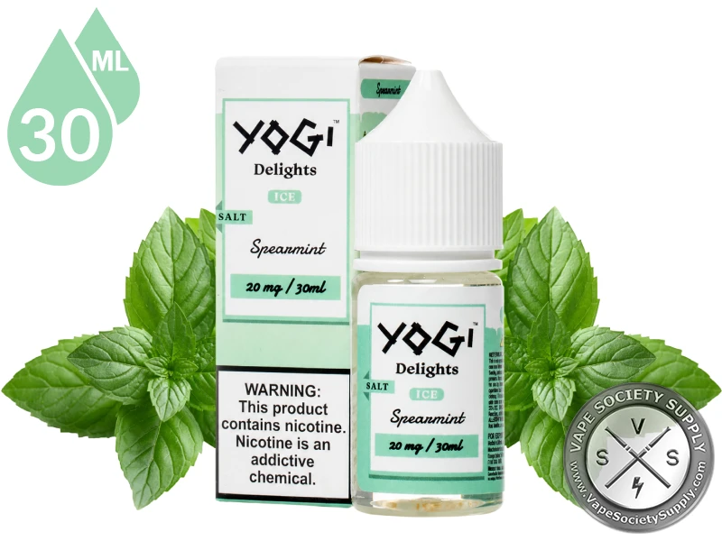 Spearmint Delights YOGI SALTS 30ml surrounded by fresh spearmint leaves.