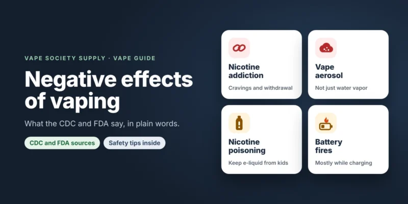 Guide graphic on the negative effects of vaping: cards for nicotine addiction, vape aerosol, nicotine poisoning and battery fires