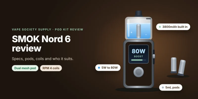 Nord 6 review graphic: a SMOK 80W pod mod with a dual mesh pod and RPM 4 coils, with tags for 3800mAh and 80W