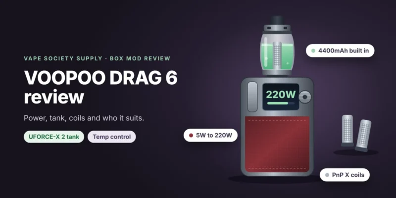 DRAG 6 review graphic: a VOOPOO box mod kit with the UFORCE-X 2 tank and temperature control, with tags for 220W and 4400mAh