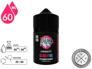 EZ Duz It On Ice Ruthless PODSALTZ 60ml bottle with a 50/50 VG/PG icon and nicotine strength icons