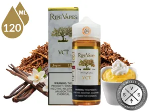 VCT by Ripe Vapes 120ml bottle and box with dried tobacco leaves, vanilla pods and a cup of custard