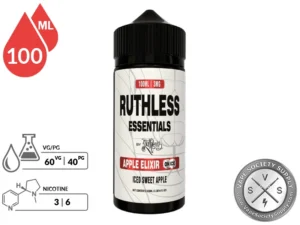 Apple Elixir On Ice Ruthless Essentials 100ml bottle with a 60/40 VG/PG icon and nicotine strength icons