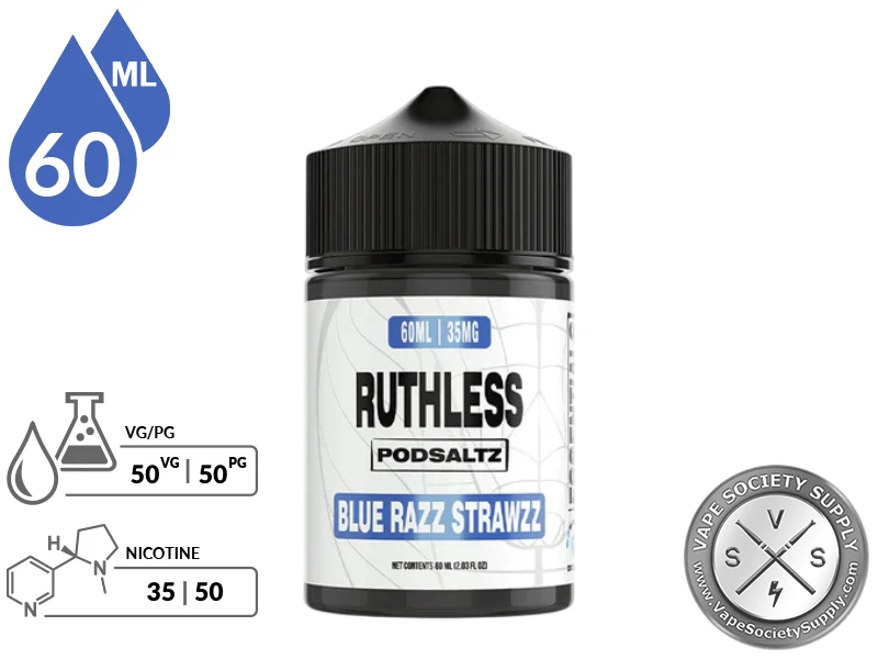 Blue Razz Strawzz Ruthless Essentials Pod Salt 60ml bottle with a 50/50 VG/PG icon and nicotine strength icons