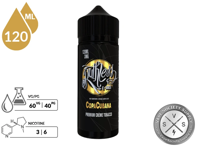 Copa Cubana Ruthless Vapor 120ml bottle with a 60/40 VG/PG icon and nicotine strength icons