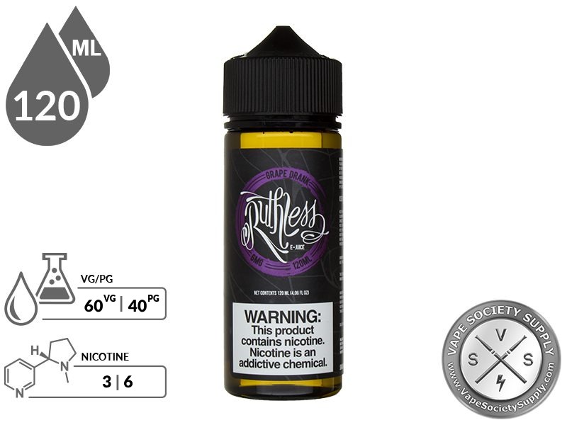 Grape Drank Ruthless Vapor 120ml bottle with a 60/40 VG/PG icon and nicotine strength icons