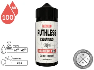 Scrawberry Skitz Ruthless Essentials 100ml bottle with a 60/40 VG/PG icon and nicotine strength icons