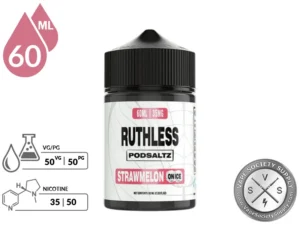 Strawmelon On Ice Ruthless Essentials Pod Salt 60ml bottle with a 50/50 VG/PG icon and nicotine strength icons