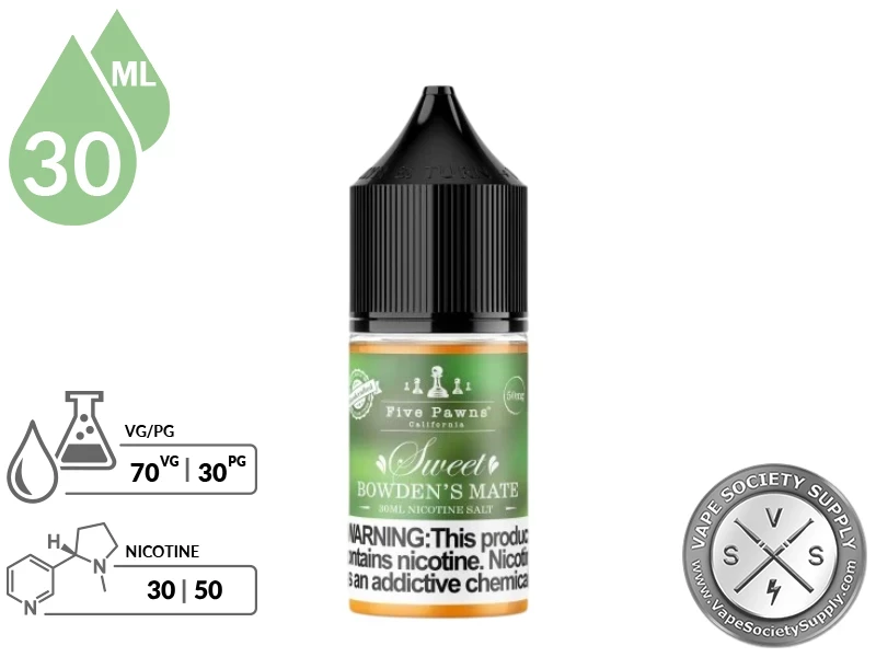 Sweet Bowden’s Mate Five Pawns Salt 30ml bottle with a 70/30 VG/PG icon and nicotine strength icons