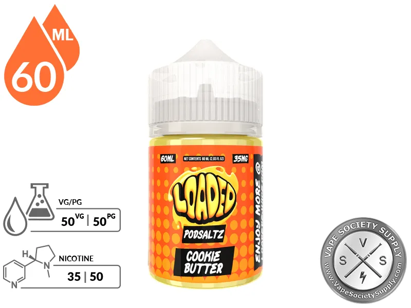 Cookie Butter Loaded PODSALTZ 60ml bottle with a 50/50 VG/PG icon and nicotine strength icons