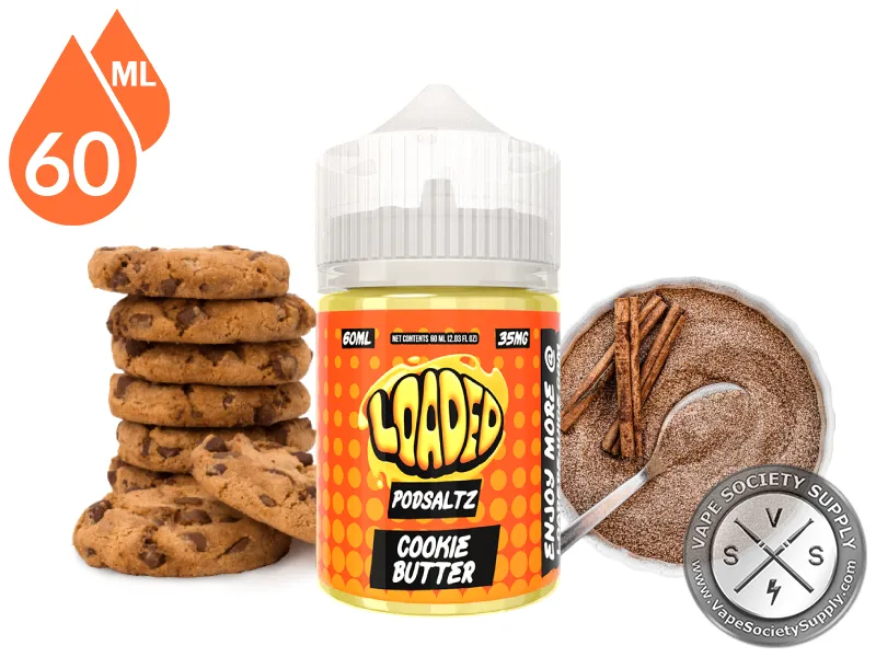 Cookie Butter Loaded PODSALTZ 60ml bottle with cookies, cookie butter and cinnamon
