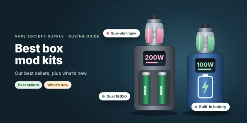 Best box mod kits graphic: a dual 18650 box mod beside a built-in battery kit, both with a sub-ohm tank