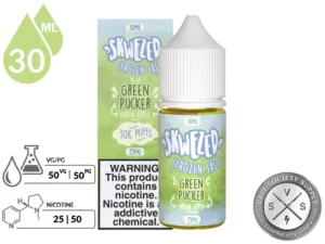 Green Apple Iced by Skwezed Salt 30ml bottle and box with a 50/50 VG/PG icon and nicotine strength icons
