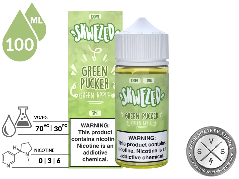 Green Apple by Skwezed 100ml bottle and box with a 70/30 VG/PG icon and nicotine strength icons