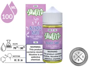 Mixed Berries by Skwezed 100ml bottle and box with a 70/30 VG/PG icon and nicotine strength icons