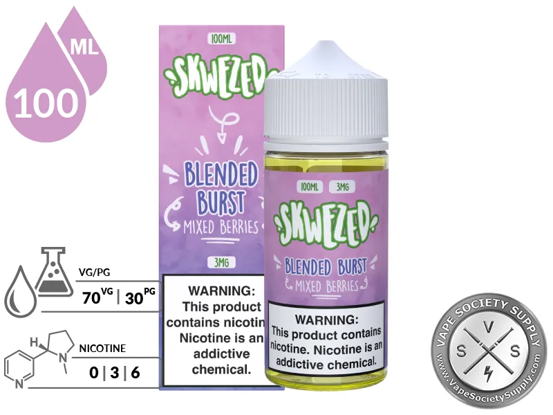 Mixed Berries by Skwezed 100ml bottle and box with a 70/30 VG/PG icon and nicotine strength icons