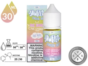 Pink Lemonade Iced by Skwezed Salt 30ml bottle and box with a 50/50 VG/PG icon and nicotine strength icons