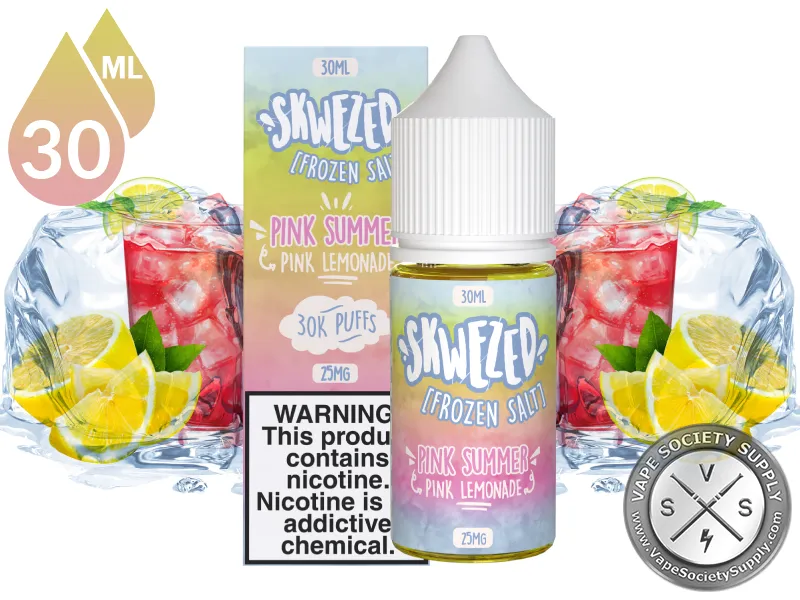 Pink Lemonade Iced by Skwezed Salt 30ml bottle and box with glasses of pink lemonade, lemon slices and ice