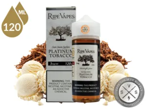 San Juan Platinum by Ripe Vapes 120ml bottle and box with dried tobacco leaves and scoops of vanilla ice cream