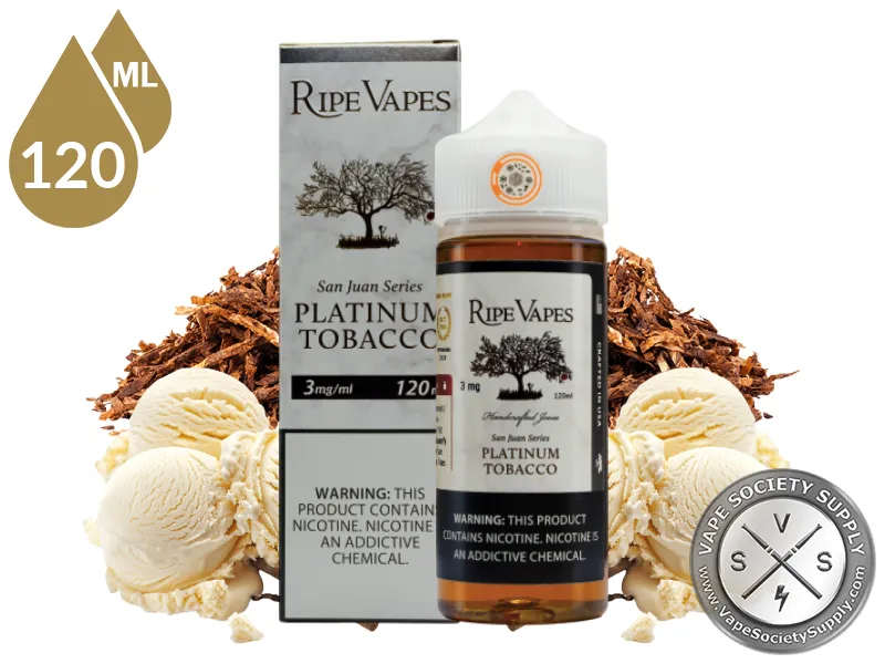 San Juan Platinum by Ripe Vapes 120ml bottle and box with dried tobacco leaves and scoops of vanilla ice cream