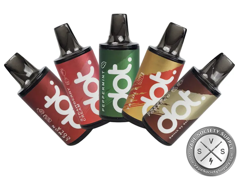 Five dotmod Switch pre-filled pods in red, pink, green, gold and brown