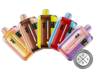 Five dotBar 50K disposable vapes in two-tone colors, from orange and peach to pink and purple, each with a digital display and a light strip