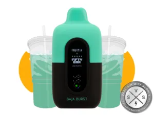 Fifty Bar 20K Fruitia Baja Burst disposable vape with cups of teal drink with straws