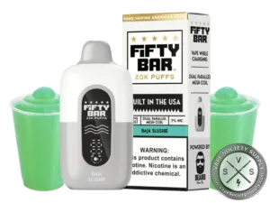 Fifty Bar 20K White Series Baja Mango (Baja Slushie) disposable vape and box with cups of green slush