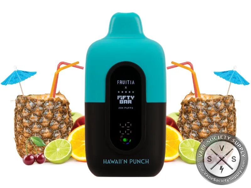 Fifty Bar 20K Fruitia Island Punch disposable vape with pineapple drinks with umbrellas and citrus fruit