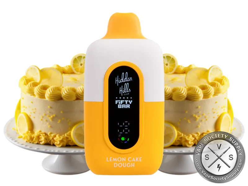 Fifty Bar 20K Hidden Hills Lemon Cake Dough disposable vape with a lemon cake