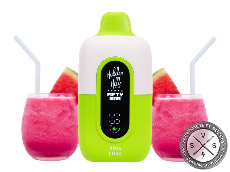 Fifty Bar 20K Hidden Hills Pina Lush disposable vape with pink frozen drinks and watermelon slices