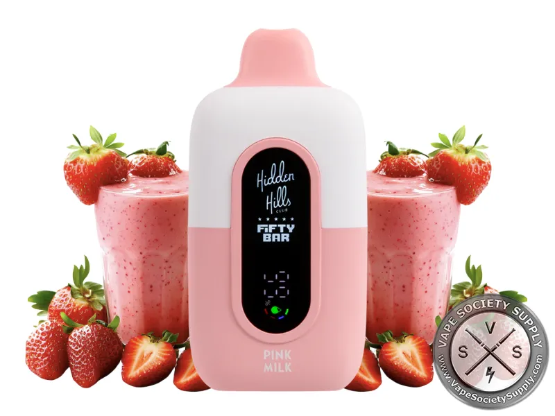 Fifty Bar 20K Hidden Hills Pink Milk disposable vape with strawberry milkshakes and strawberries
