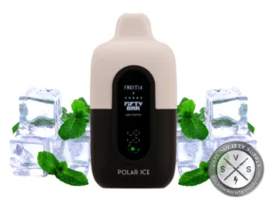 Fifty Bar 20K Fruitia Polar Ice disposable vape with ice cubes and mint leaves