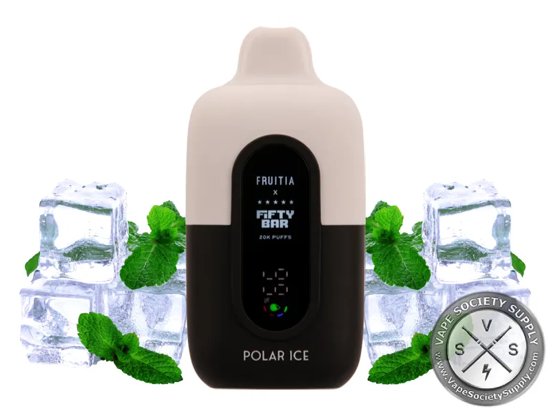 Fifty Bar 20K Fruitia Polar Ice disposable vape with ice cubes and mint leaves