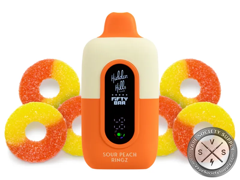 Fifty Bar 20K Hidden Hills Sour Peach Ringz disposable vape with peach ring gummies