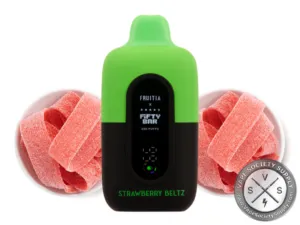 Fifty Bar 20K Fruitia Strawberry Beltz disposable vape with sour strawberry belts