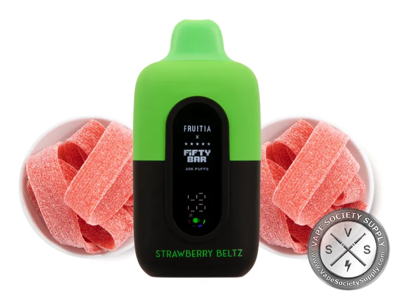 Fifty Bar 20K Fruitia Strawberry Beltz disposable vape with sour strawberry belts