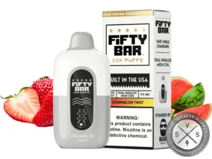 Fifty Bar 20K White Series Strawberry Watermelon Ice (Strawmelon Twist) disposable vape and box with strawberries and watermelon