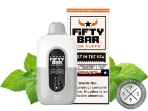 Fifty Bar 20K White Series Texas Mint disposable vape and box with mint leaves