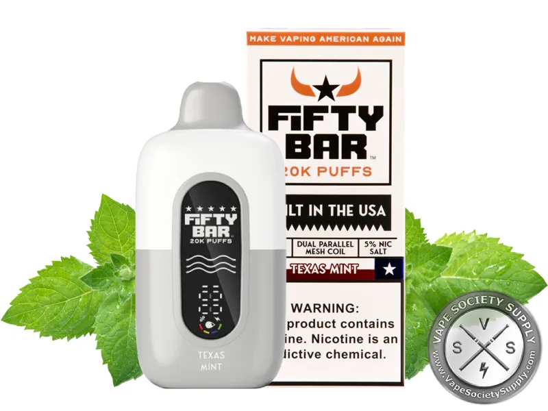 Fifty Bar 20K White Series Texas Mint disposable vape and box with mint leaves