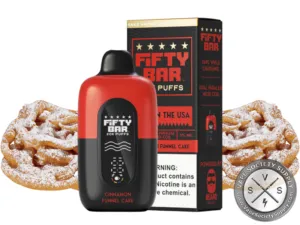 Fifty Bar 20K Black Series Cinnamon Funnel Cake disposable vape and box with funnel cakes with powdered sugar