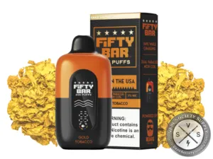 Fifty Bar 20K Black Series Gold Tobacco disposable vape and box with golden tobacco leaf