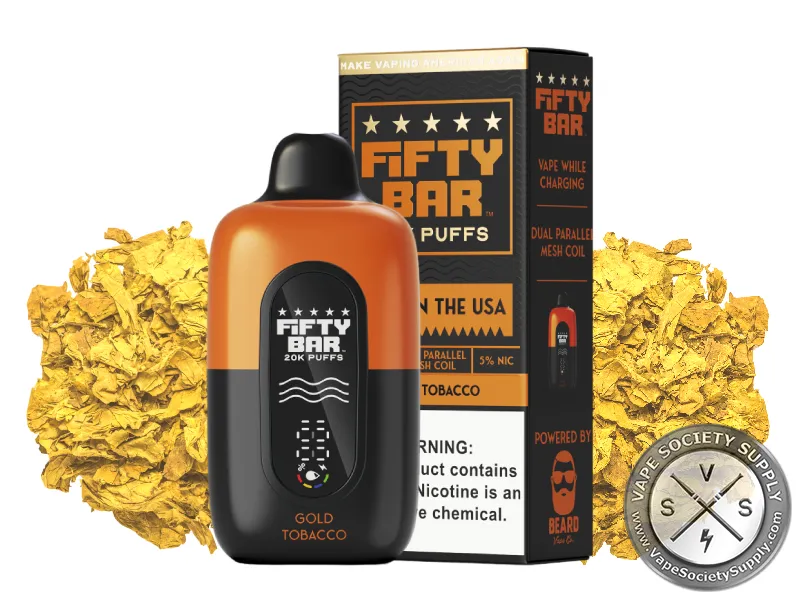 Fifty Bar 20K Black Series Gold Tobacco disposable vape and box with golden tobacco leaf