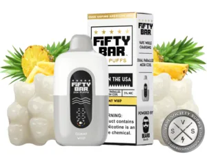 Fifty Bar 20K White Series Pineapple Whip (Gummy Whip) disposable vape and box with white gummy bears and pineapple