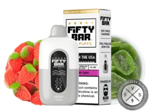 Fifty Bar 20K White Series Strawberry Kiwi Ice (Kiberry Chew) disposable vape and box with strawberry gummies and kiwi slices