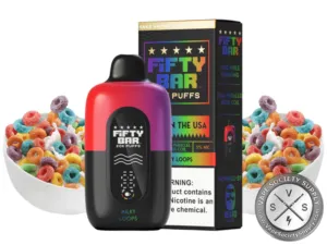 Fifty Bar 20K Black Series Milky Loops disposable vape and box with bowls of fruit ring cereal