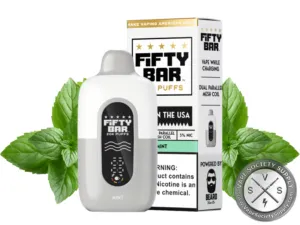 Fifty Bar 20K White Series Mint disposable vape and box with mint leaves