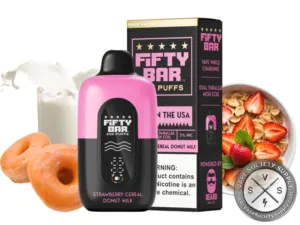 Fifty Bar 20K Black Series Strawberry Cereal Donut Milk disposable vape and box with glazed donuts, a milk splash and strawberry cereal