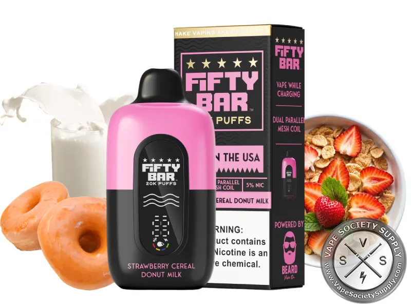 Fifty Bar 20K Black Series Strawberry Cereal Donut Milk disposable vape and box with glazed donuts, a milk splash and strawberry cereal